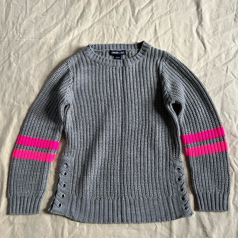 Universal Thread Gray Crewneck Sweater with Hot Pink Sleeve Stripes